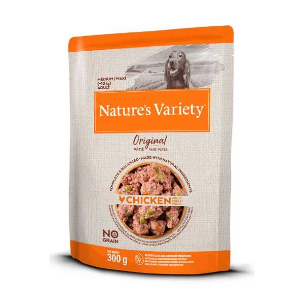 NATURE’S VARIETY DOG ORIGINAL NO GRAIN PATÉ MEDIUM/MAXI POLLO 300g (8 uds./caja)