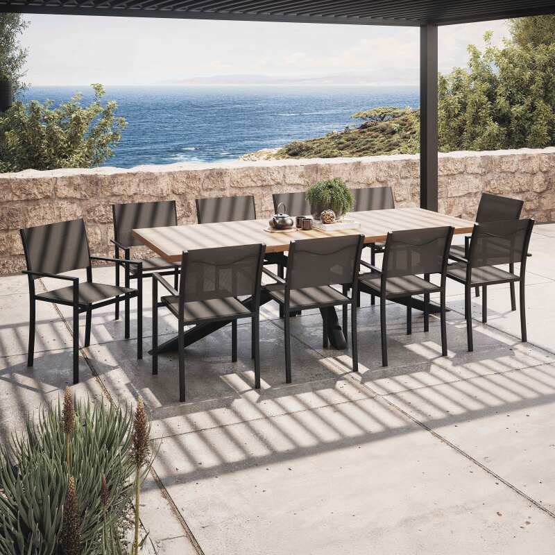 Mesa de jardín de madera de acacia y aluminio 240×95 cm y 8 sillas con reposabrazos de textilene
