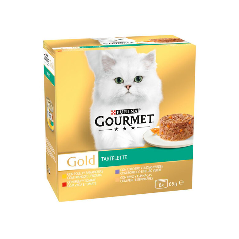 GOURMET GOLD TARTELETTE PACK BUEY-TOMATE, POLLO-ZANAHORIA, PAVO-ESPINACAS Y CORDERO-JUDÍAS VERDES 8x85g (12ud./caja) - Imagen 2
