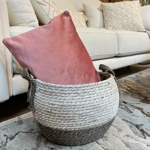 Cesta yute redonda blanca y gris