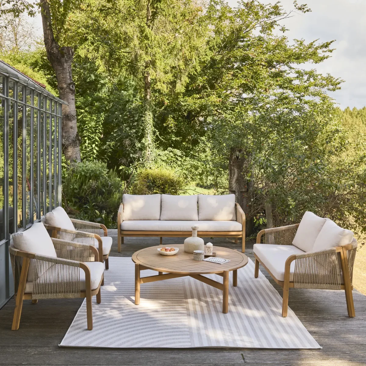 Conjunto de muebles de jardín de madera de acacia y cuerda, 7 plazas
