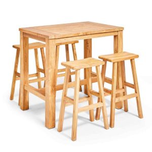 Mesa alta de jardín de teca maciza reciclada FSC® 120×80 cm y 4 taburetes
